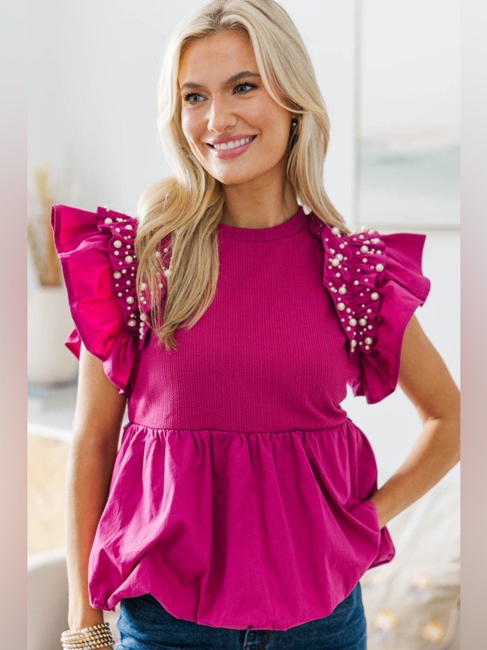 NURSING COLLECTION: Everyday Dreaming Magenta Embellished Pearl Blouse medium